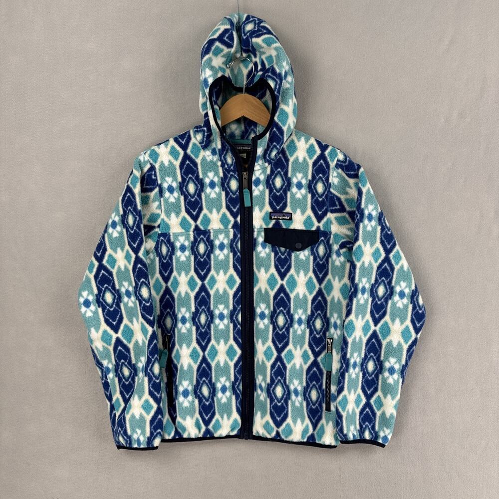 Patagonia Synchilla Jacket Womens Large Blue Geometric Fleece Hooded Full Zip